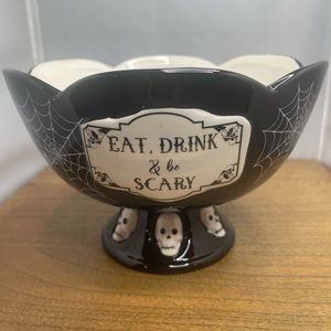 Happy Halloween Ceramic Bowl EAT DRINK & BE SCARY Skulls Spiders Web Spider Dish